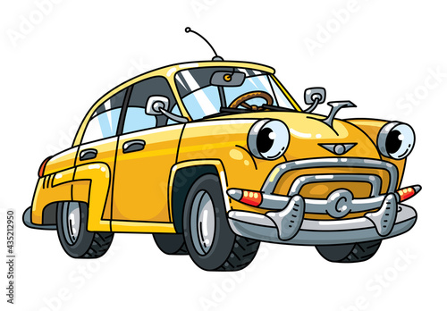 Funny small yellow retro car with eyes