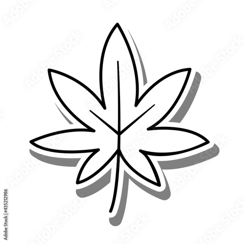 Black line cartoon maple leaf on white silhouette and gray shadow. Icon Emoji for decoration or any design. Vector illustration of nature.