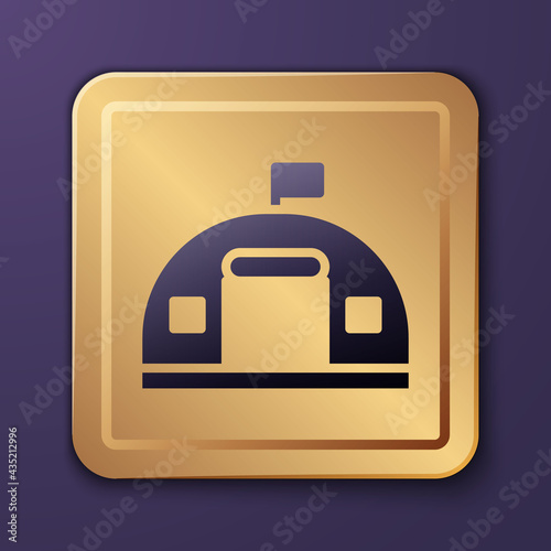Purple Military barracks station icon isolated on purple background. Airstrikes architecture army. Gold square button. Vector