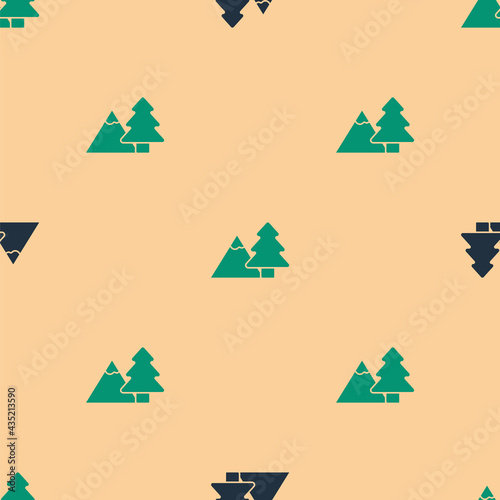 Green and black Mountains with tree icon isolated seamless pattern on beige background. Symbol of victory or success concept. Vector