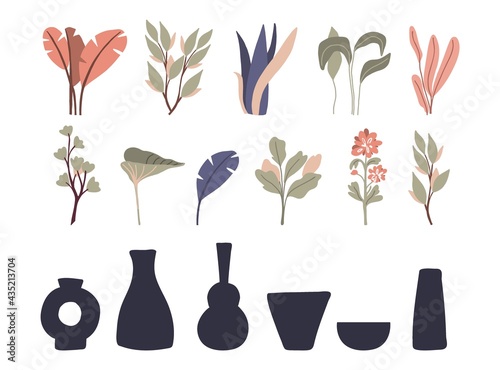 Abstract tropical leaves in vase constructor. Hand drawn botanical minimalist branches in natural colors boho style and pottery ceramic pots. Trendy decor modern bohemian illustration, vector set
