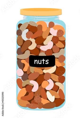 Different nuts in jar for bulk products without packaging. Nuts in a glass jar isolated on white background. Trendy hand-drawn vector cartoon flat illustration.