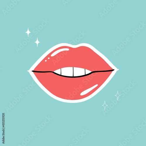 Pink lips. Female sexy lipstick modern poster or card. Woman lip with makeup, tongue and white teeth, trendy glamour sticker. Shiny gloss cosmetic, cartoon vector isolated contemporary illustration