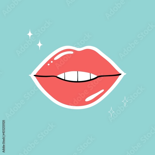 Wallpaper Mural Pink lips. Female sexy lipstick modern poster or card. Woman lip with makeup, tongue and white teeth, trendy glamour sticker. Shiny gloss cosmetic, cartoon vector isolated contemporary illustration Torontodigital.ca