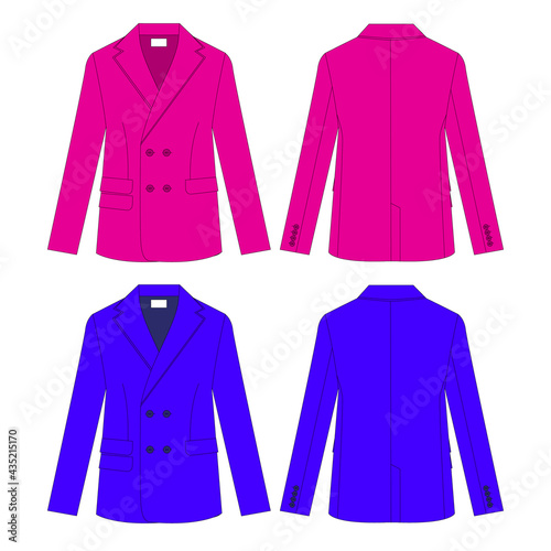 Classic business suit for women and men. Jacket and trousers. Set of color unisex suits. Rear, front view. Clothing in business style. Dress-coat. Business attire. Uniform. Vector illustration