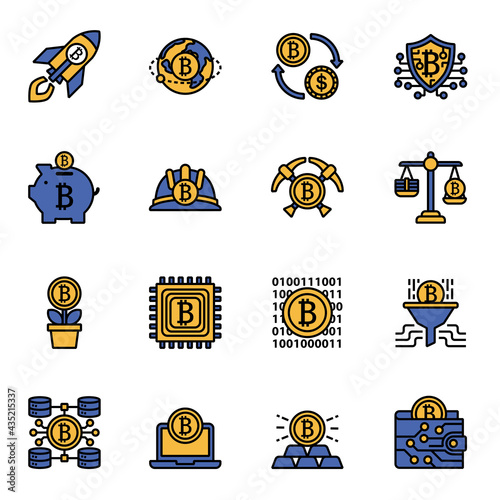 Bitcoin colored thin line icon set 1, cryptocurrency symbols collection.