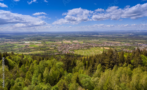 View from Fremersberg to the town of Sinzheim with the Rhine valley near Baden Baden. In the background the Vosges. Baden Wuerttemberg, Germany