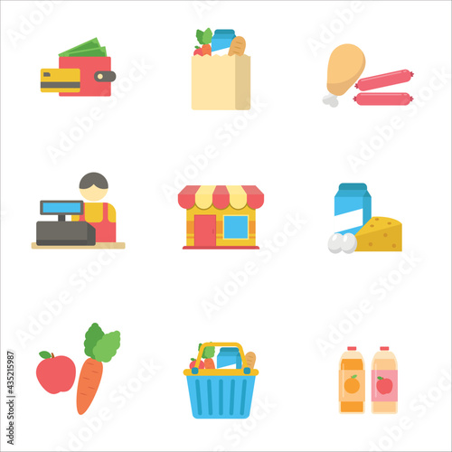 Set of grocery store icon with colorful design isolated on white background