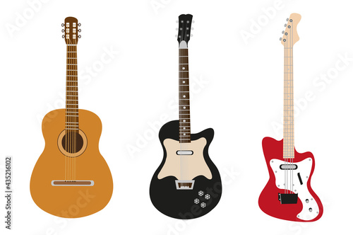Electric guitar. Rock music instrument. Acoustic and electric guitar musical instruments for entertainment. Electrica vintage design guitare. Vector illustration.
