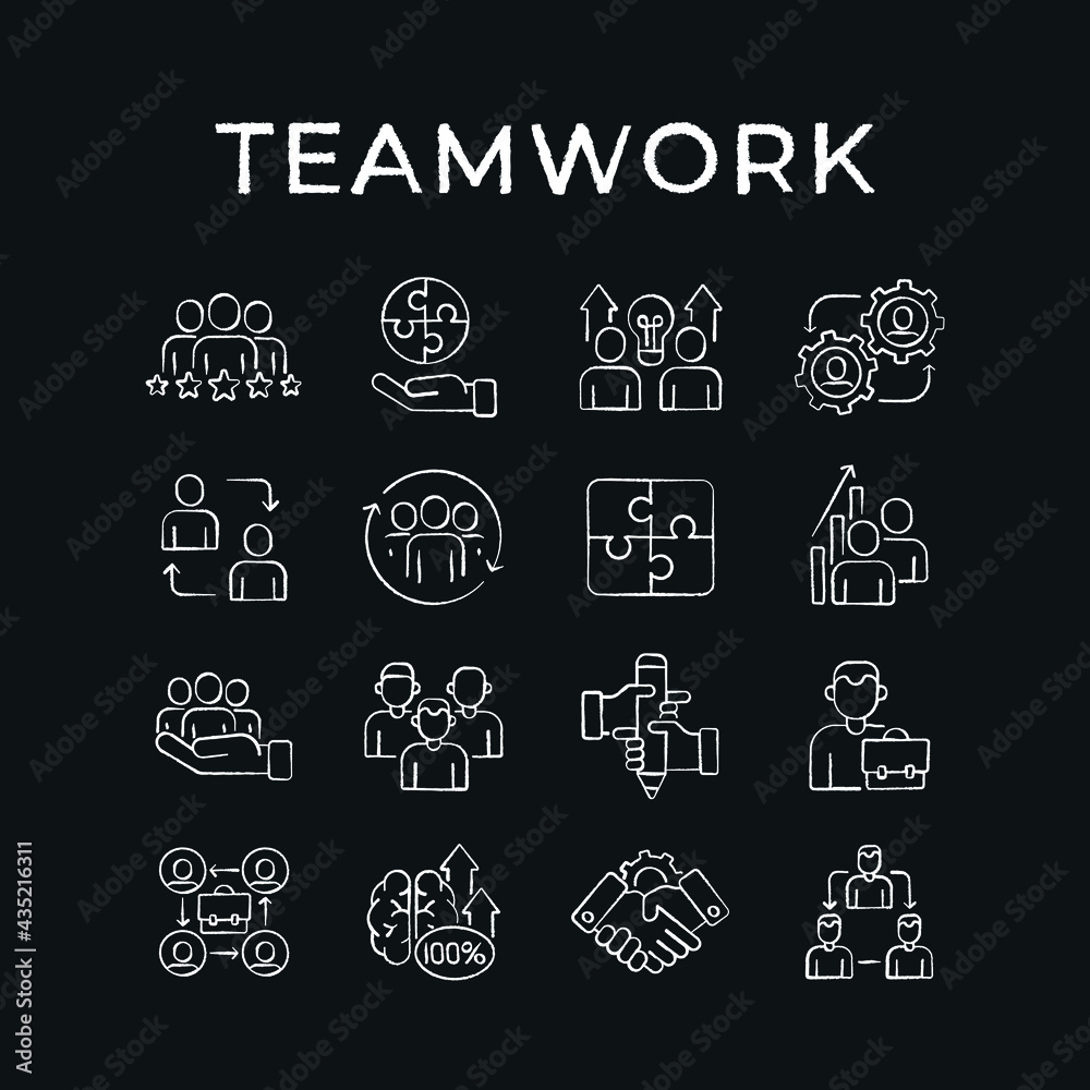 Business partnership chalk icons set. Synergy, teamwork, collaboration, research, meeting. Thin line vector black and white illustration.