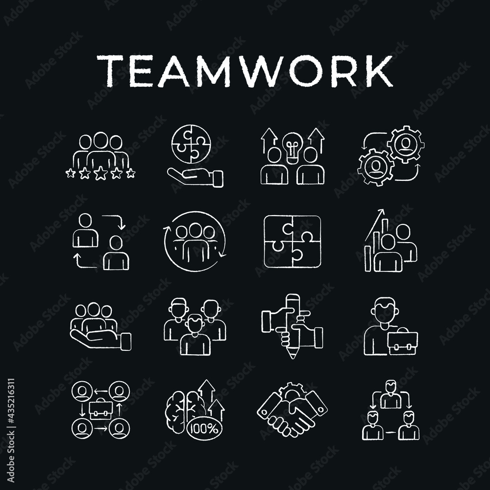 Fototapeta premium Business partnership chalk icons set. Synergy, teamwork, collaboration, research, meeting. Thin line vector black and white illustration.