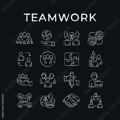 Business partnership chalk icons set. Synergy, teamwork, collaboration, research, meeting. Thin line vector black and white illustration.