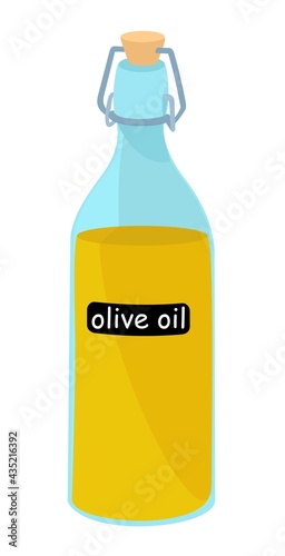 Glass bottl of olive oil. Oil isolated on white background. Trendy hand-drawn vector cartoon flat illustration.