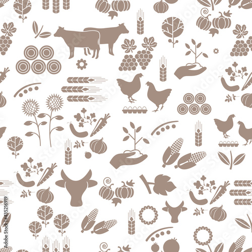 Agricultural background of farm icons. Agroindustry seamless pattern with a background of farm icons