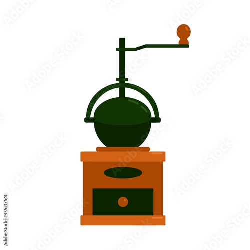 Old-fashioned coffee grinder,Vintage manual pepper mill, Burr mill for coffee beans, seasoning, spices, Classic wooden coffee grinder with handle. Vector illustration.