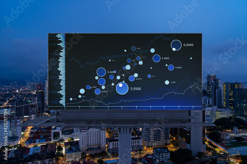FOREX graph hologram on billboard, aerial night panoramic cityscape of Kuala Lumpur. KL is the developed location for stock market researchers in Malaysia, Asia. The concept of fundamental analysis