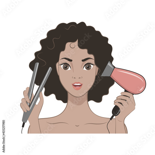 Young Woman doing her hair. Isolated vector image. African american woman holding hairdryer and hair curler