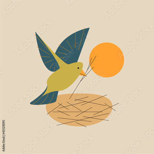 Vector bird with branch in outline style. Digital art