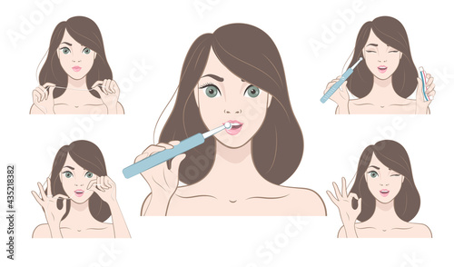 et of illustrations with a cute brunette girl. Dental care. Teeth cleaning.