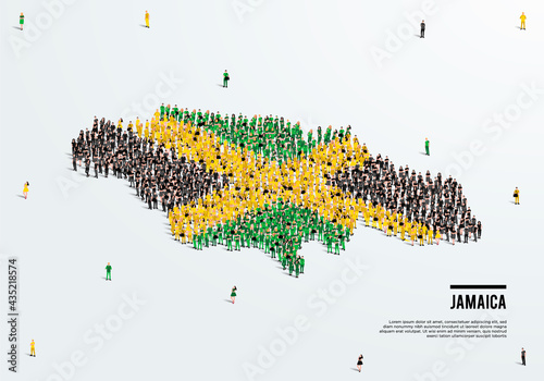 Jamaica Map and Flag. A large group of people in the Jamaica flag color form to create the map. Vector Illustration.