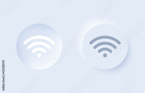 Round wifi buttons on and off in modern neumorphic trend style. UI, UX set for mobile app. Light mode. Sign for remote internet access. Graphic elements in skeuomorph design. Vector illustration