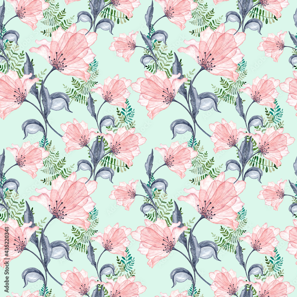 Fototapeta premium Watercolor pink romantic flower seamless pattern. Transparent blooming elegant flower.