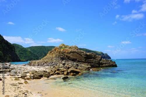 Beautiful summer scenery. calm waves on the blue water. Yuhina Beach in Zamami island, Okinawa, Japan - 日本 沖縄 座間味島 ユヒナ 海岸  © Eric Akashi