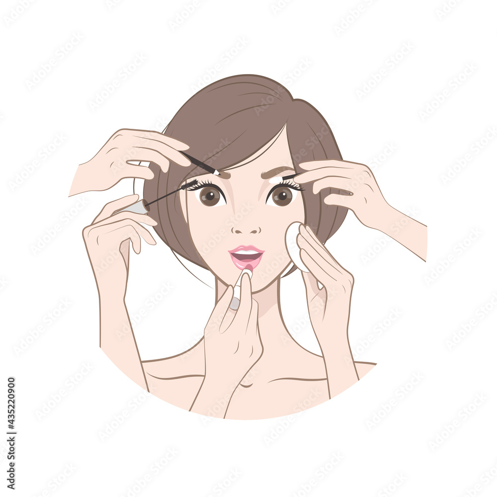 Young Japanese Woman doing Makeup. Cosmetic. Beauty, Makeup. Healthy. Vector illustration in cartoon style Young Japanese Woman doing Makeup. Cosmetic. Beauty, Makeup. Healthy. Vector illustration in cartoon style