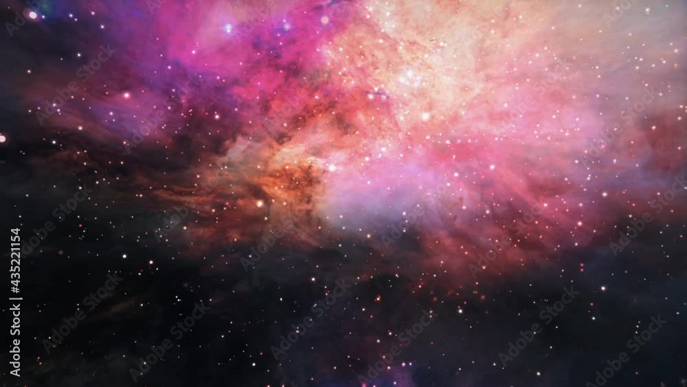Space Flight Through The Orion Nebula. 4K 3D render seamless loop for scientific films, Sci-Fi cinematic, space, future, scene, titles, logos, abstract background.  Elements furnished by NASA image.
