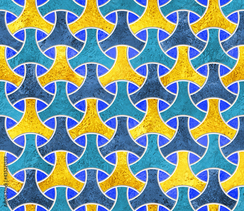 Blue and gold texture. 3D rendering seamless pattern for ceramic tiles for 3D project. Tile design for bathroom and kitchen. Luxury tiles. Vintage. Aged gold. Patina. Template. Classic design.