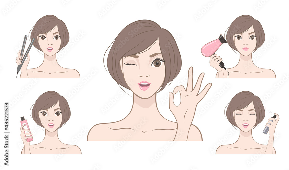 Pretty Japanese girl is caring her hair and shaping her hair. Set of hair treatment procedure.Vector illustration Pretty Japanese girl is caring her hair and shaping her hair. Set of hair treatment procedure.Vector illustration