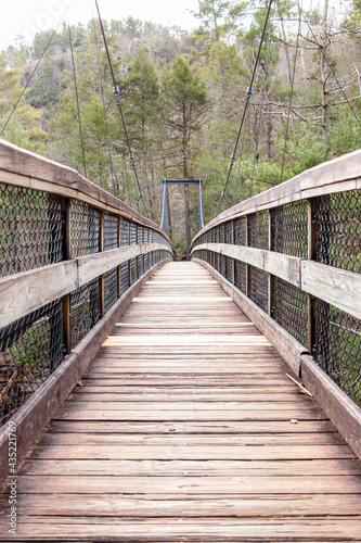 Wooden suspension bridge in the forest