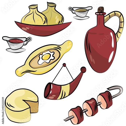 Georgian set. Wine, khachapuri, pastries, horns, sauces, barbecue, meat, khinkali. Tasty food. National dishes. Hot spices. Georgia. Vector illustration for menu, books, website.
