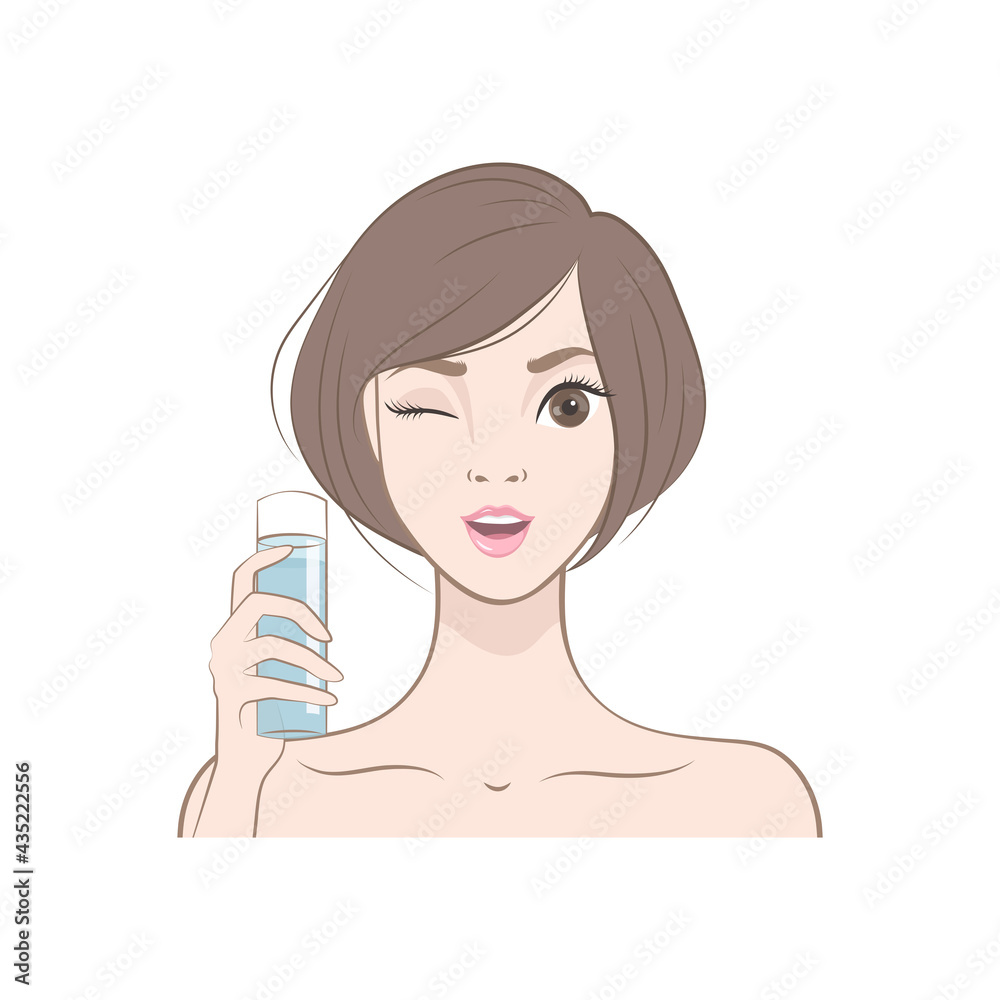 Beautiful young woman with clean fresh skin. Cartoon Girl with lotion bottle. Vector illustration Beautiful young woman with clean fresh skin. Cartoon Girl with lotion bottle. Vector illustration