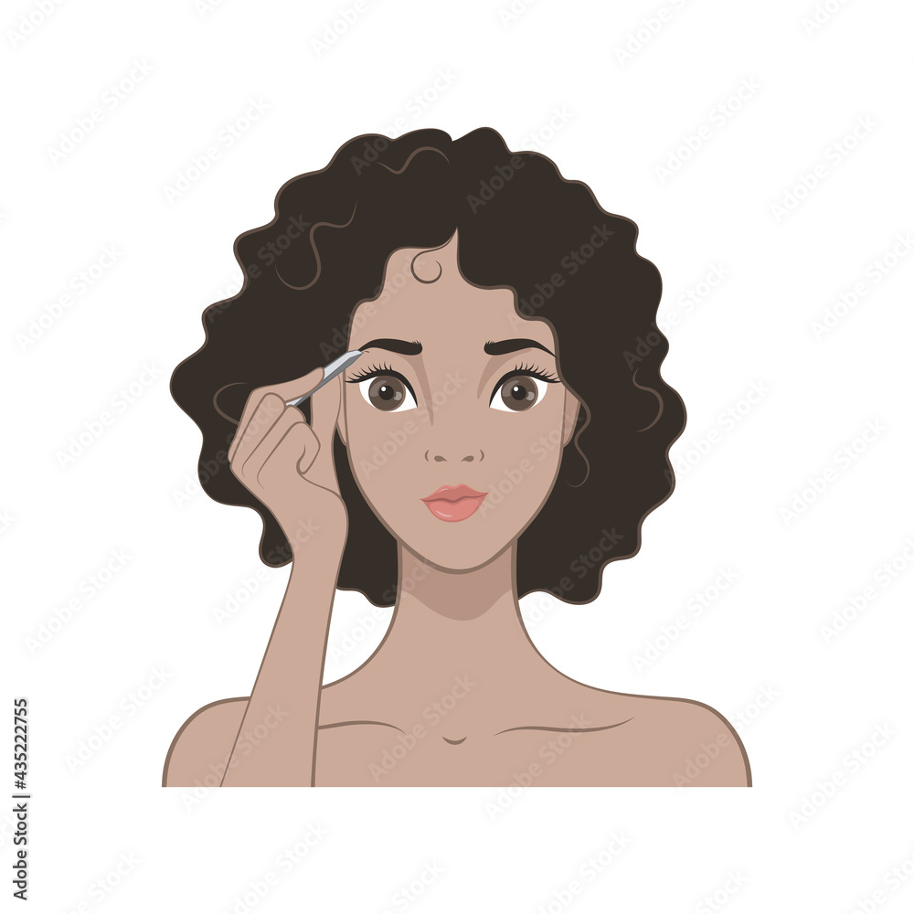 The isolated image on a white background. African American girl plucked her eyebrows with tweezers. The isolated image on a white background. African American girl plucked her eyebrows with tweezers.