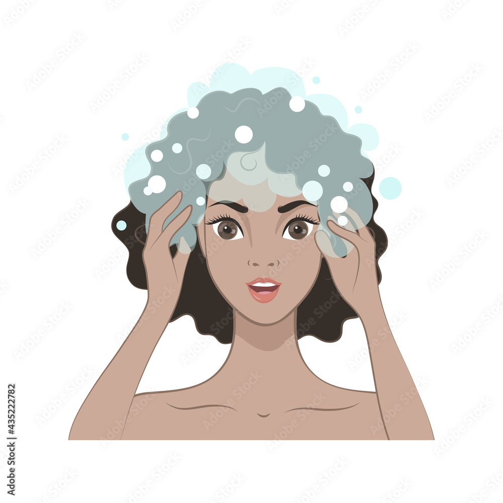 An isolated image of a beautiful girl. Young African American woman washes her hair. Hair care. Close-up. An isolated image of a beautiful girl. Young African American woman washes her hair. Hair care. Close-up.