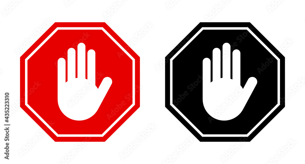 Set of Red and Black Stop Hand Block Octagon Sign or Adblock or Do Not Enter or Forbidden Icon. Vector Image. Set of Red and Black Stop Hand Block Octagon Sign or Adblock or Do Not Enter or Forbidden Icon. Vector Image.