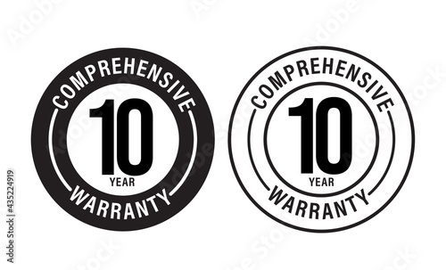 10 year comprehensive warranty  vector icon set. color in black. Full Warranty concept