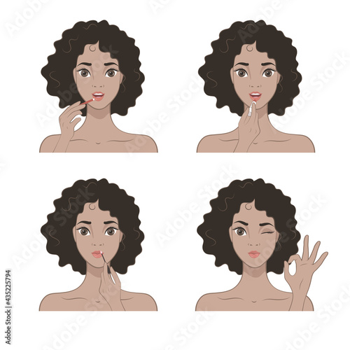 Beautiful African American girl applying lipstick on her lips. Set of images. Vector illustration