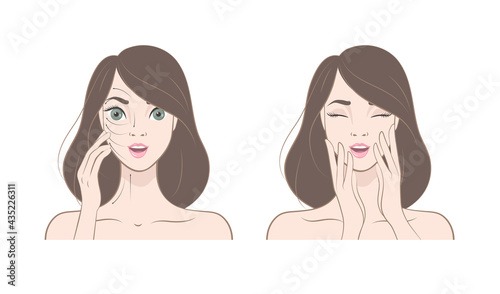 How to apply cream to the face and neck. Relaxing techniques. Vector illustration of massage lines on woman face. 
