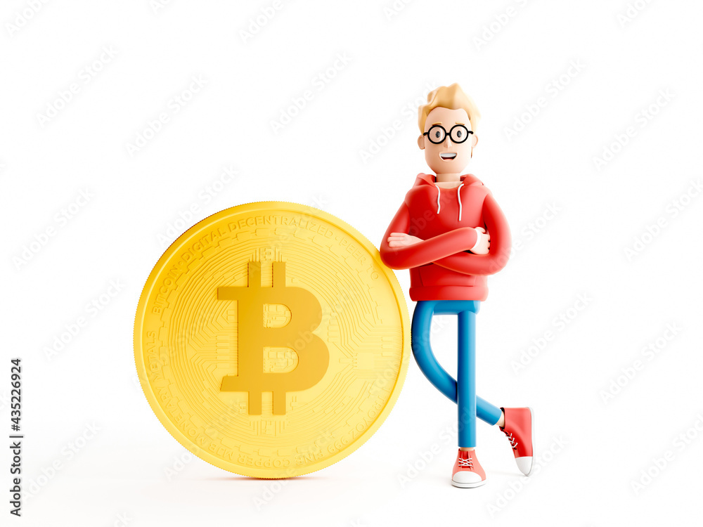 Cartoon character standing next to a large bitcoin. Happy man do bitcoin mining. Blockchain and cryptocurrency investment concept. 3d illustration. Cartoon character standing next to a large bitcoin. Happy man do bitcoin mining. Blockchain and cryptocurrency investment concept. 3d illustration.