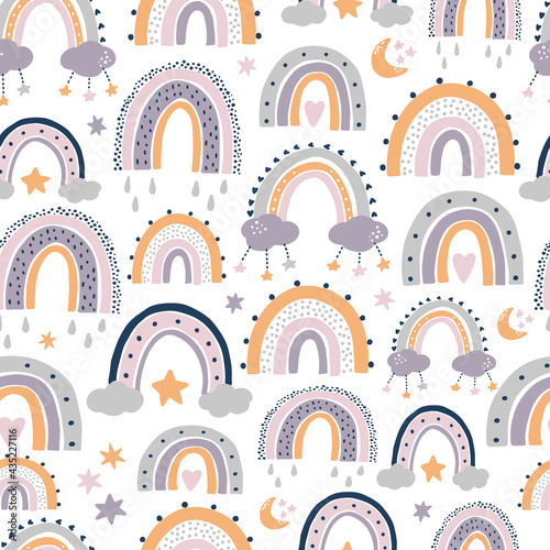 kids seamless pattern with rainbows in scandinavian style for nursery decor, holidays, wrapping paper, textile prints, wallpaper, scrapbooking, stationary, etc. 