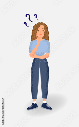 Woman / female character in a pensive pose with question symbols. Vector illustration.