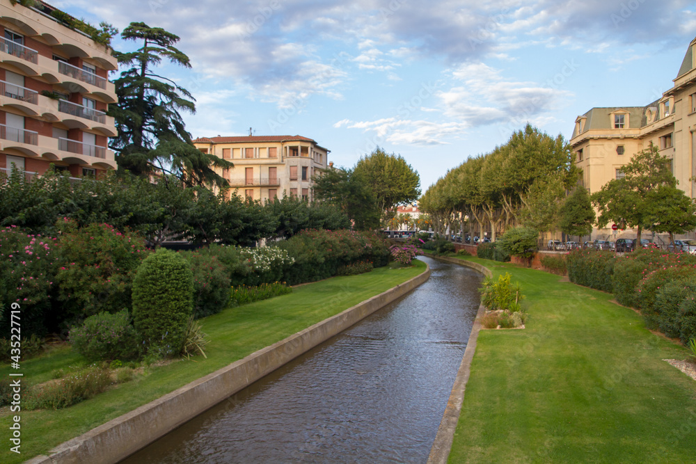 Center of Perpignan, France. Residential area near the Bassa river.