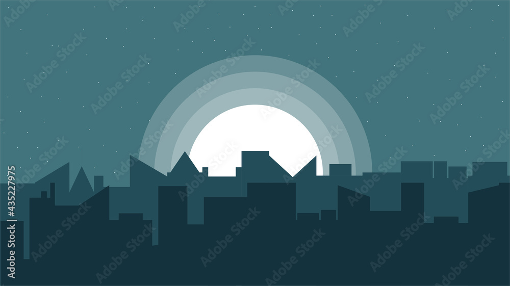 Silhouette of Industrial City at Night with Full Moon Illustration