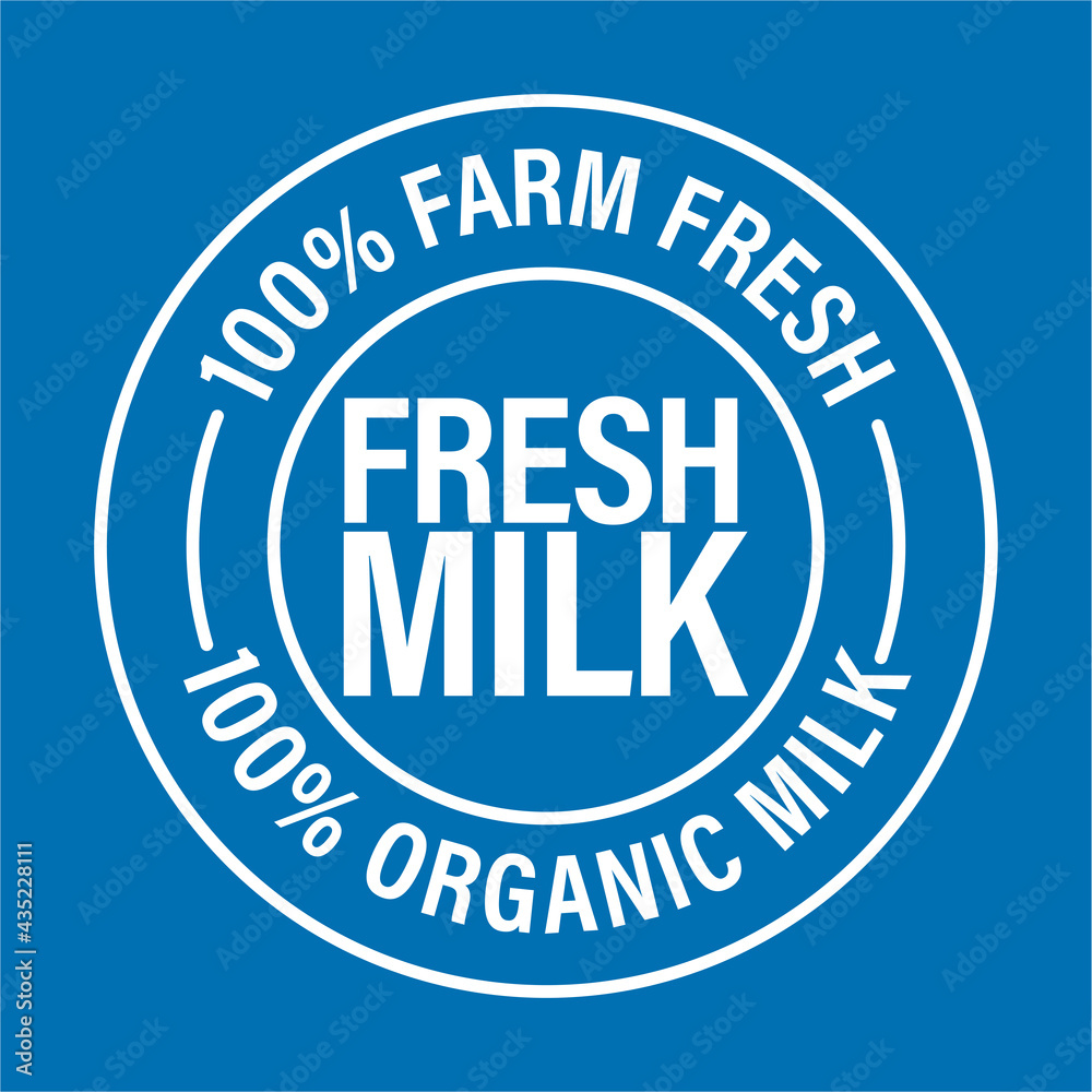 100% farm fresh, 100% organic milk, fresh milk vector icon isolated on blue background