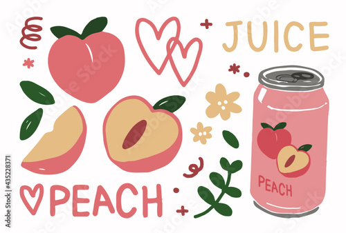 illustration of peaches, hand drawn peach, peach art set, peach illustration