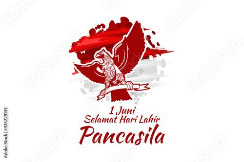 Translation: June 1, Happy birthday Pancasila (1 Juni, selamat hari lahir Pancasila) vector illustration. Suitable for greeting card, poster and banner. 