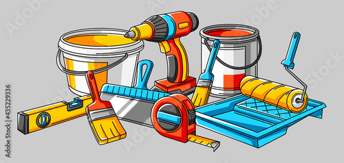 Background with repair working tools. Equipment for construction industry.