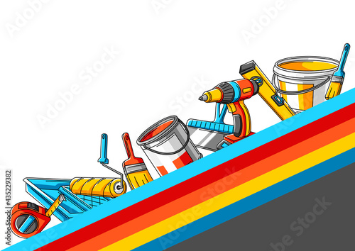 Background with repair working tools. Equipment for construction industry.